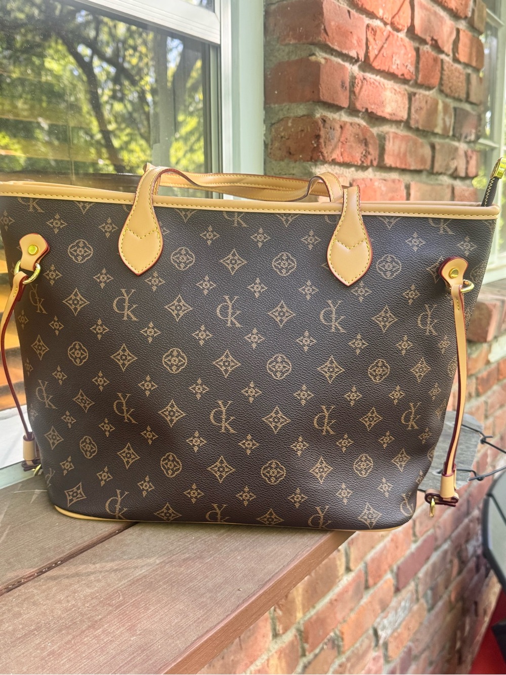 Guyika Brown Monogram Tote with Tan Trim
